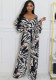 Sexy Printed Wrap V-Neck Belt Long Sleeve Wide-Leg Jumpsuit