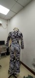 Sexy Printed Wrap V-Neck Belt Long Sleeve Wide-Leg Jumpsuit