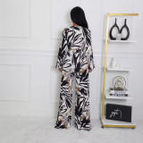 Sexy Printed Wrap V-Neck Belt Long Sleeve Wide-Leg Jumpsuit