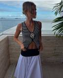 Women Striped Flower V-Neck Slit Sleeveless Knitting Vest Top