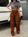 Spring Fall Women Fashion High Waist Multi-Pocket Patchwork Long Cargo Trousers