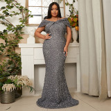 Plus Size Women's Wedding Gown Formal Party Luxury Off Shoulder Sequin Evening Dress