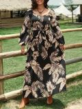 Autumn Print Lantern Sleeve Slim Waist Plus Size Dress