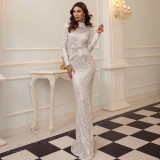 Women Formal Party Evening Gown Chic Sequin Round Neck Long Sleeve Bridesmaid Dress