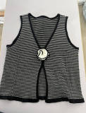 Women Striped Flower V-Neck Slit Sleeveless Knitting Vest Top