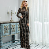 Long Sleeve Sexy See-Through Striped Sequin Long Evening Dress