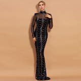 Long Sleeve Sexy See-Through Striped Sequin Long Evening Dress