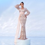 Chic Long Sleeve Sexy Long Sequin V-Neck Formal Party Ribbon Evening Dress Bridesmaid Gown For Women