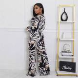 Sexy Printed Wrap V-Neck Belt Long Sleeve Wide-Leg Jumpsuit