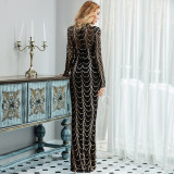 Long Sleeve Sexy See-Through Striped Sequin Long Evening Dress