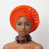 Flower Bright Silk Layered Lace-Up Hat Nigerian Wedding Party Aoto Gele Hat