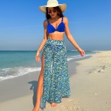 Sexy Women Printed Bikini Slit High Waist Trousers Three-Piece Swimwear