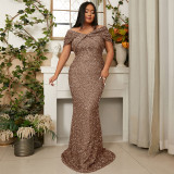 Plus Size Women's Wedding Gown Formal Party Luxury Off Shoulder Sequin Evening Dress