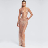 sexy rhinestone see through mesh long sleeve nightclub dress