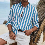 Men's Spring Autumn Casual Linen Striped Long-Sleeved Shirt