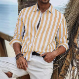 Men's Spring Autumn Casual Linen Striped Long-Sleeved Shirt