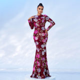 Long Sleeve Chic Round Neck Sexy Slim Long Floral Sequin Formal Party Evening Dress Bridesmaid Gown For Women