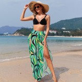 Sexy Women Printed Bikini Slit High Waist Trousers Three-Piece Swimwear