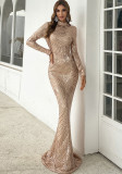 Women Formal Party Evening Gown Chic Sequin Round Neck Long Sleeve Bridesmaid Dress