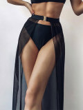 Women Solid Color High Waist Swim Wrap Skirt