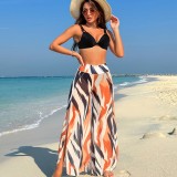 Sexy Women Printed Bikini Slit High Waist Trousers Three-Piece Swimwear