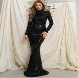 Women Formal Party Evening Gown Chic Sequin Round Neck Long Sleeve Bridesmaid Dress