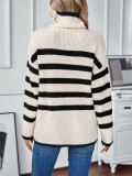 Striped Turndown Collar Pullover Ladies Women Knitting Shirt Autumn Winter Casual Button Sweater