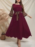 Plus Size Women Leopard Patchwork Bell Bottom Sleeve Slim Waist Long Dress