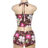 Women Summer Print Halter Neck Strapless Crop Top and Shorts Two-Piece Set