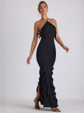 Women Summer Sexy Halter Neck Backless Bodycon Ruffle Pleated Evening Dress