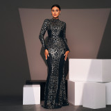 Women Long Sleeve Round Neck Sexy Sequin Formal Party Evening Dress