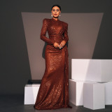 Women Long Sleeve Round Neck Sexy Sequin Formal Party Evening Dress