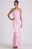 Women Summer Sexy Halter Neck Backless Bodycon Ruffle Pleated Evening Dress