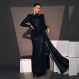 Women Long Sleeve Round Neck Sexy Sequin Formal Party Evening Dress