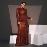 Women Long Sleeve Round Neck Sexy Sequin Formal Party Evening Dress