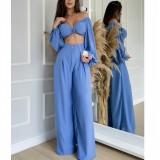 Women Drawstring Top and Wide Leg Pants Two-Piece Set