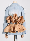 Women Fall Turndown Collar Contrast Color Ruffles Ruffle Lace-up Denim Jacket