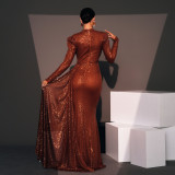 Women Long Sleeve Round Neck Sexy Sequin Formal Party Evening Dress