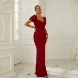 Women Short Sleeve Solid Evening Dress