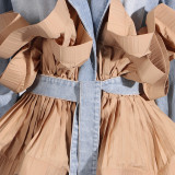 Women Fall Turndown Collar Contrast Color Ruffles Ruffle Lace-up Denim Jacket