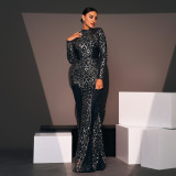 Women Long Sleeve Round Neck Sexy Sequin Formal Party Evening Dress