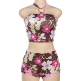 Women Summer Print Halter Neck Strapless Crop Top and Shorts Two-Piece Set