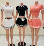 Women Casual Top and Pleated Skirt Two-Piece Set