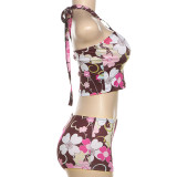 Women Summer Print Halter Neck Strapless Crop Top and Shorts Two-Piece Set