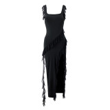 Women Sexy Summer Halter Square Neck Ruffle Edge Side Slit Solid Dress