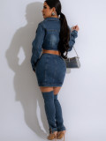 Women Casual Embroidery Elastic Top and Skirt Denim Two-piece Set