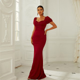 Women Short Sleeve Solid Evening Dress