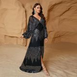 Women French V-neck Slit Long Sleeve Sequin Evening Dress