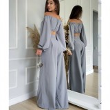 Women Drawstring Top and Wide Leg Pants Two-Piece Set