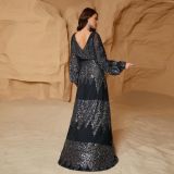 Women French V-neck Slit Long Sleeve Sequin Evening Dress